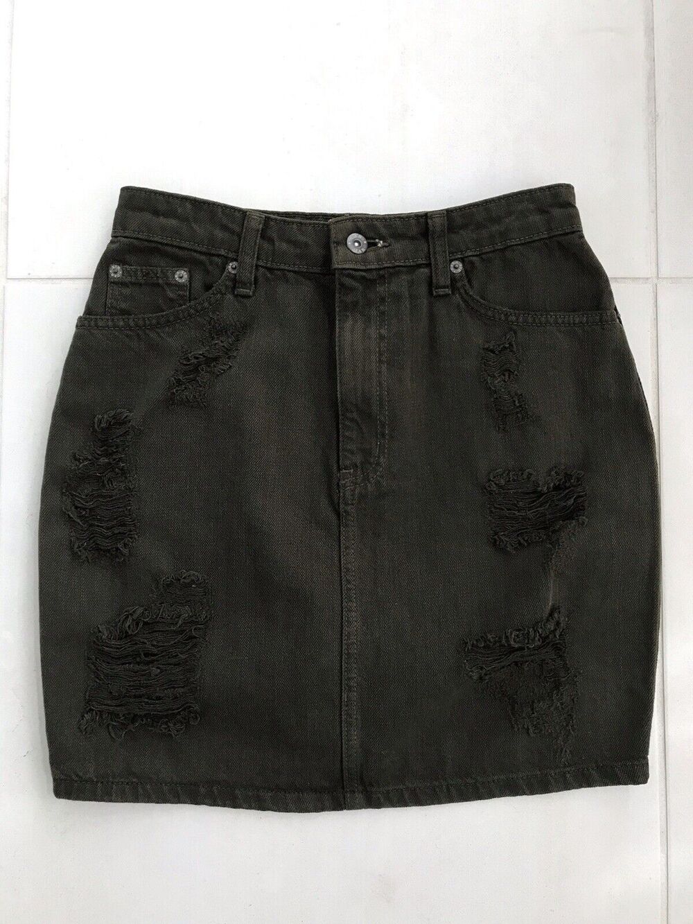 Carmar Distressed A-Line Cotton Denim Jean Mini Skirt Olive